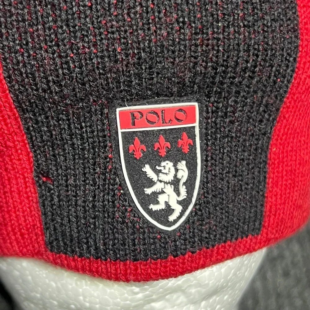 Vintage Polo Sport Beanie Mens OS Red Black Wool Crest Knit Hat 90s Ralph Lauren